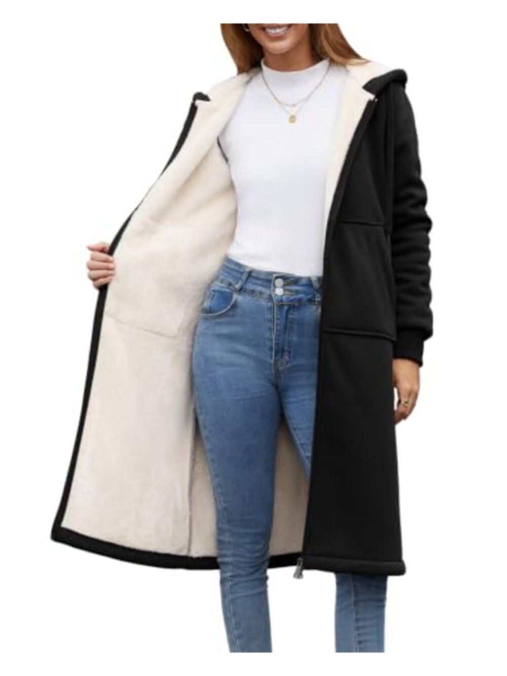 Women's Fleece Lined Long Hoodie Zip Up Winter Jacket with Pockets